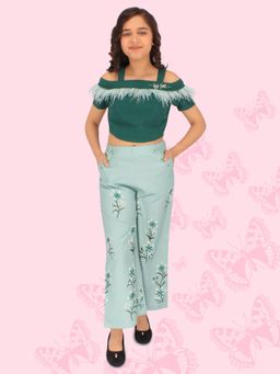 Cutecumber - Girls Floral Printed Georgette Green Top And Pant