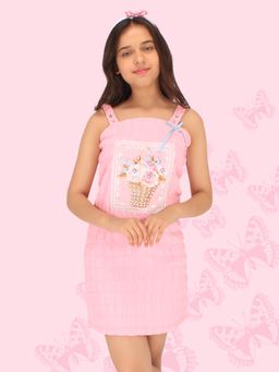 Cutecumber - Girls Bubble Georgette Solid Sleeveless Pink Dress