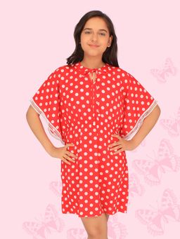 Cutecumber - Girls Georgette Polka Dot Printed Kaftan Red Dress