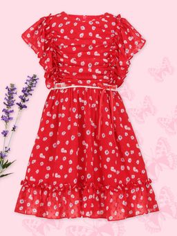 Cutecumber - Girls Georgette Floral Printed Fit And Flared Red Dress