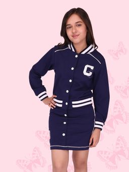 Cutecumber - Girls Solid Navy Blue Varsity Coat With Skirt