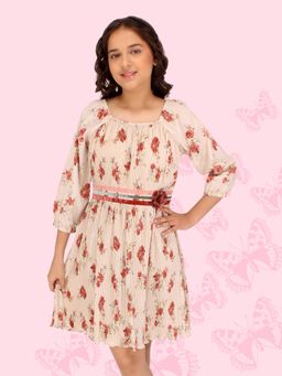 Cutecumber - Girls Georgette Floral Printed Pleated Dress