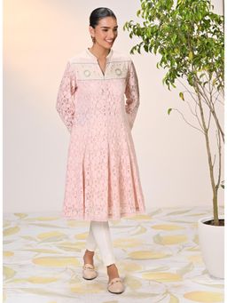 Lakshita - Roza Salmon Embroidered Raschel Net Designer Kurta