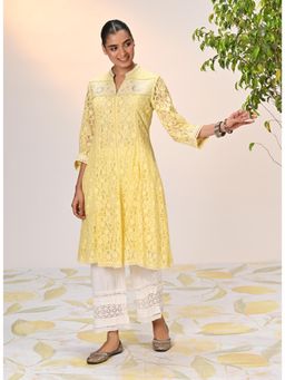 Lakshita - Roza Lemon Embroidered Raschel Net Designer Kurta