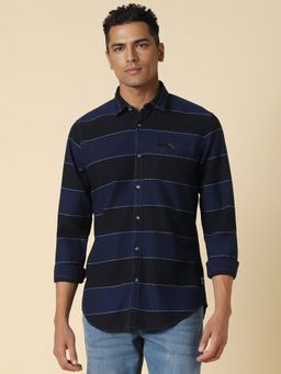 Allen Solly - Men Navy Blue Stripes Full Sleeves Regular Fit Casual Shirt