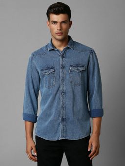 Louis Philippe - Men Blue Solid Full Sleeves Slim Fit Casual Shirt