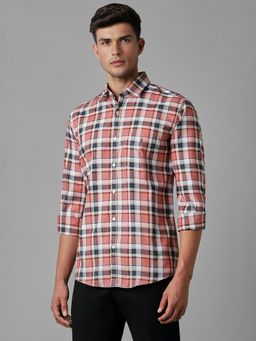 Louis Philippe - Men Peach Checks Full Sleeves Slim Fit Casual Shirt