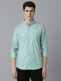 Louis Philippe - Men Green Stripes Full Sleeves Super Slim Fit Casual Shirt