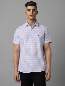Louis Philippe - Men Lavender Stripes Half Sleeves Slim Fit Casual Shirt