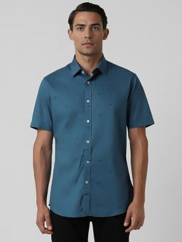 Van Heusen - Men Blue Printed Half Sleeves Slim Fit Casual Shirt