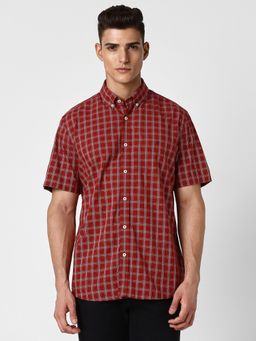 Van Heusen - Men Red Checks Half Sleeves Slim Fit Casual Shirt