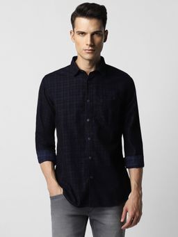 Van Heusen - Men Navy Blue Checks Full Sleeves Slim Fit Casual Shirt