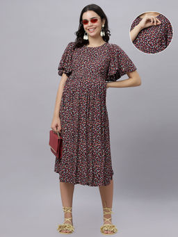 Mamma's Maternity - Black Rayon Floral Printed Pregnancy/Feeding Short Dress
