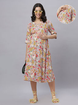 Mamma's Maternity - Baby Pink Rayon Floral Pregnancy/Feeding Short Dress