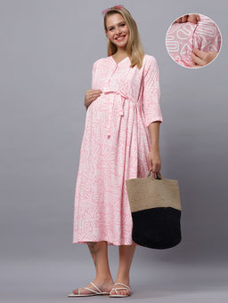 Mamma's Maternity - Baby Pink Cotton Strips Printed Pregnancy/Feeding Short Dress