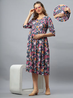 Mamma's Maternity - Navy Blue Rayon Floral Pregnancy/Feeding Short Dress