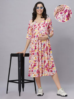 Mamma's Maternity - Multi-Colour Rayon Round Pregnancy/Feeding Short Dress - M