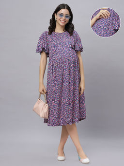 Mamma's Maternity - Royal Blue Rayon Floral Printed Pregnancy/Feeding Short Dress