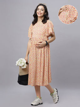 Mamma's Maternity - Yellow Rayon Floral Printed Pregnancy/Feeding Short Dress