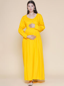 Mine4Nine - Solid Yellow Maternity Maxi Baby shower Dress with Gathered Sleeves