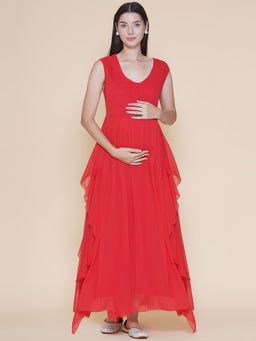 Mine4Nine - Solid Red Sleeveless Maternity Baby shower Maxi Dress