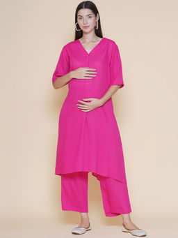 Mine4Nine - Pink Solid Comfort-Fit Maternity Kurta with Pant (Set of 2)