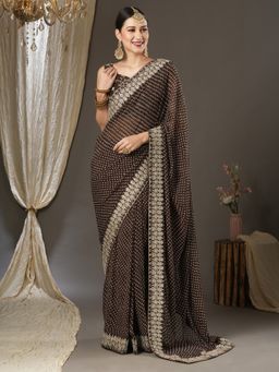 Akhilam - Womens Georgette Brown Zari Embroidered Designer Saree with Unstitched Blouse