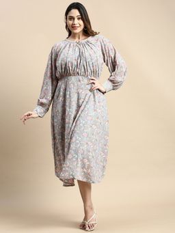 SHOWOFF - Womens Round Neck Bishop Sleeves Grey Floral Fit and Flare Dress