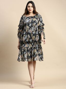 SHOWOFF - Womens Round Neck Black Abstract Fit and Flare Dress