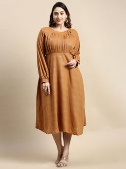 SHOWOFF - Womens Round Neck Bishop Sleeves Camel Brown Geometric Fit and Flare Dress
