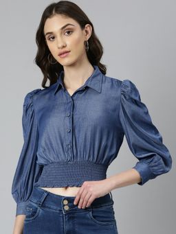 SHOWOFF - Womens Collar Solid Navy Blue Shirt Style Crop Top