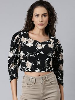 SHOWOFFFF - Womens Sweetheart Neck Printed Black Crop Top