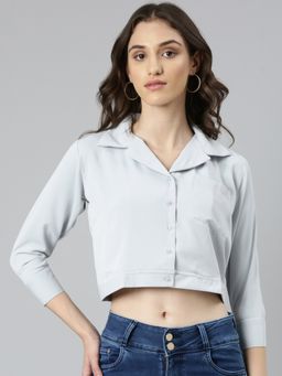SHOWOFF - Womens Collar Solid Grey Crop Shirt