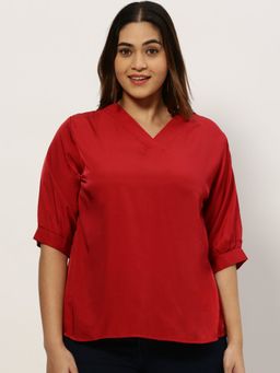 SHOWOFFFF - Women V-Neck Solid Maroon Regular Top