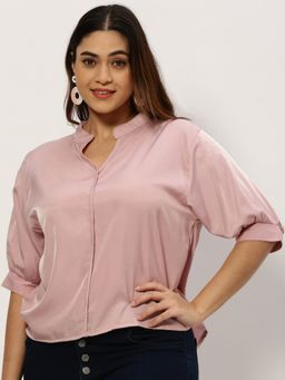 SHOWOFF - Women Mandarin Collar Solid Pink Regular Top