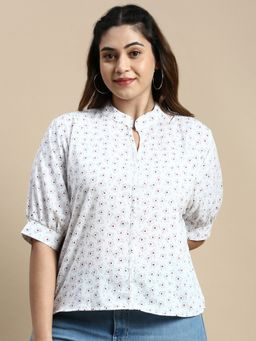SHOWOFF - Women Mandarin Collar Floral White Regular Top