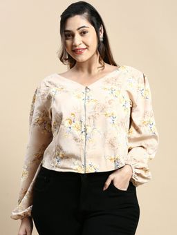 SHOWOFFFF - Women V-Neck Floral Beige Regular Top