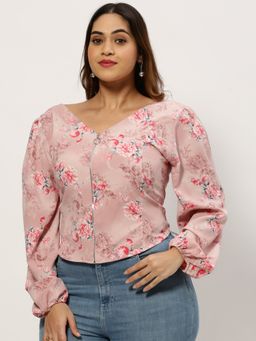 SHOWOFFFF - Women V-Neck Floral Pink Regular Top