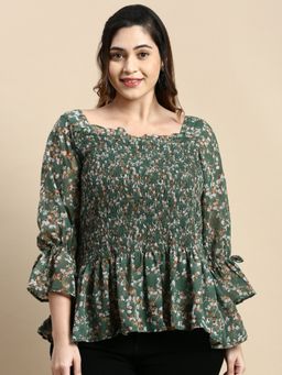 SHOWOFF - Women Square Neck Floral Green Regular Top