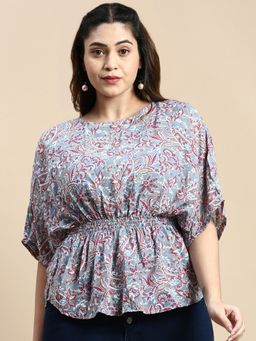 SHOWOFFFF - Women Round Neck Floral Blue Regular Top
