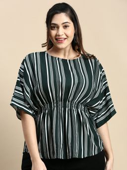 SHOWOFFFF - Women Round Neck Vertical Stripes Green Regular Top