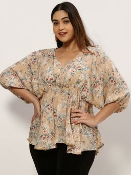 SHOWOFFFF - Women V-Neck Floral Beige Regular Top
