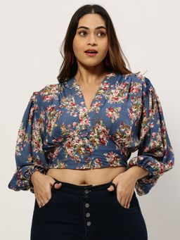 SHOWOFFFF - Women V-Neck Floral Blue Crop Top