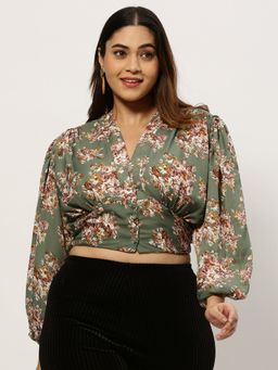 SHOWOFFFF - Women V-Neck Floral Olive Crop Top
