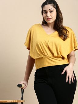 SHOWOFFFF - Women V-Neck Horizontal Stripes Mustard Regular Top