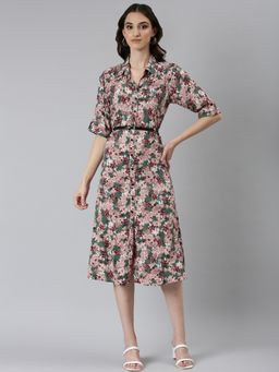 SHOWOFF - Womens Knee Length Shirt Collar Printed Green Dress (Set of 2)