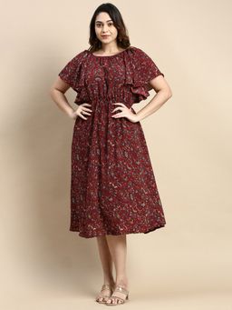 SHOWOFF - Womens Round Neck Flutter Sleeves Maroon Bohemian Fit and Flare Dress