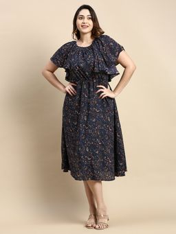 SHOWOFF - Womens Round Neck Regular Sleeves Navy Blue Bohemian Fit and Flare Dress