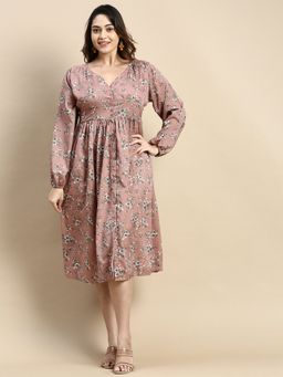 SHOWOFFFF - Womens V-Neck Mauve Floral Fit and Flare Dress