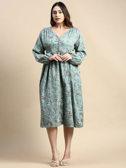 SHOWOFF - Womens V-Neck Sea Green Floral Fit and Flare Dress